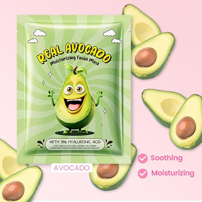 8 PCS Real Hydrating Nature Face Masks Skincare, Hyaluronic Acid, Vitamin C and E, Chamomile, Korean Beauty Essence Facial Paper Sheet Mask for Skin Care Moisturizing (Avocado)
