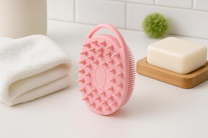 Silicone Bath Body Brush – Soft Exfoliating Massage Scrubber for Shower & Spa, Gentle Scalp and Skin Cleaner, Easy to Clean, Durable & Reusable (Pink)