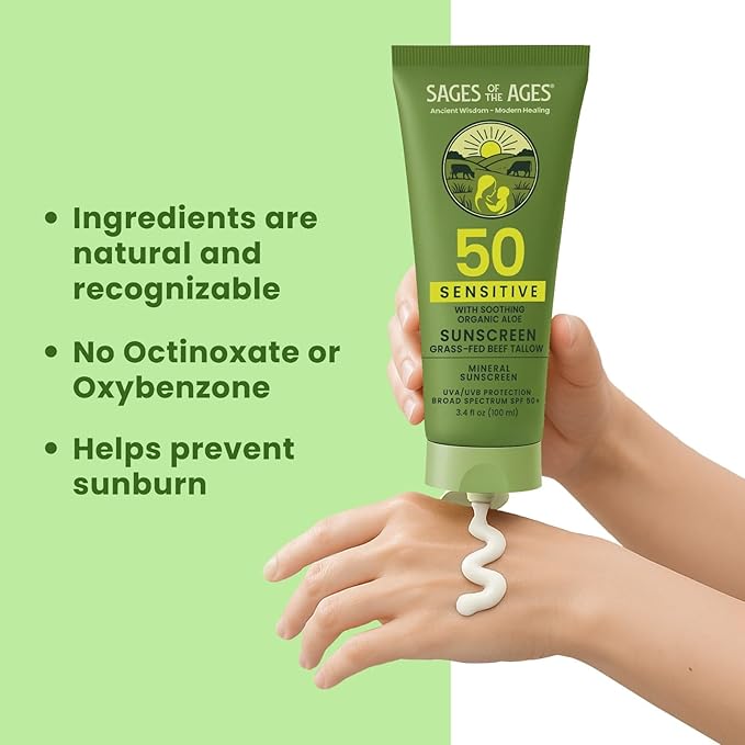 Mineral Sunscreen SPF 50 Lotion with Non-Nano Zinc Oxide, Reef Safe Broad Spectrum Sunblock, Water Resistant 80 Min, Natural Tallow Moisturizing Formula for Face and Body, Zinc Mineral Sunscreen 3.4oz