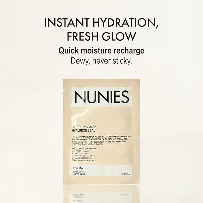 NUNIES Hydrating Sheet Mask – Korean Moisturizing Face Mask for Dry & Sensitive Skin | 10-Layer Hyaluronic Acid, Trehalose & Allantoin | Glow, pH-Balanced | Fragrance-Free, Colorant-Free | 5 Sheets