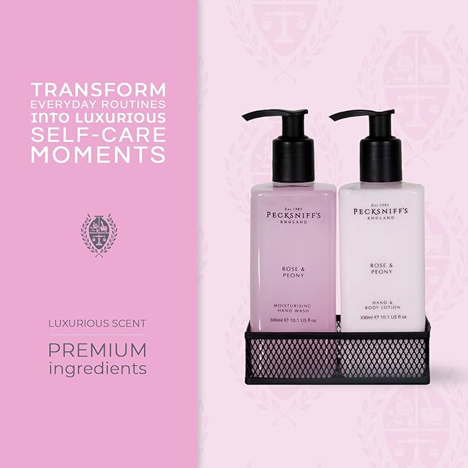 Pecksniffs Moisturizing Hand Wash and Hand & Body Lotion Caddy Set - Rose & Peony in a Black Mesh Caddy, 300 ml/10.14 fl oz