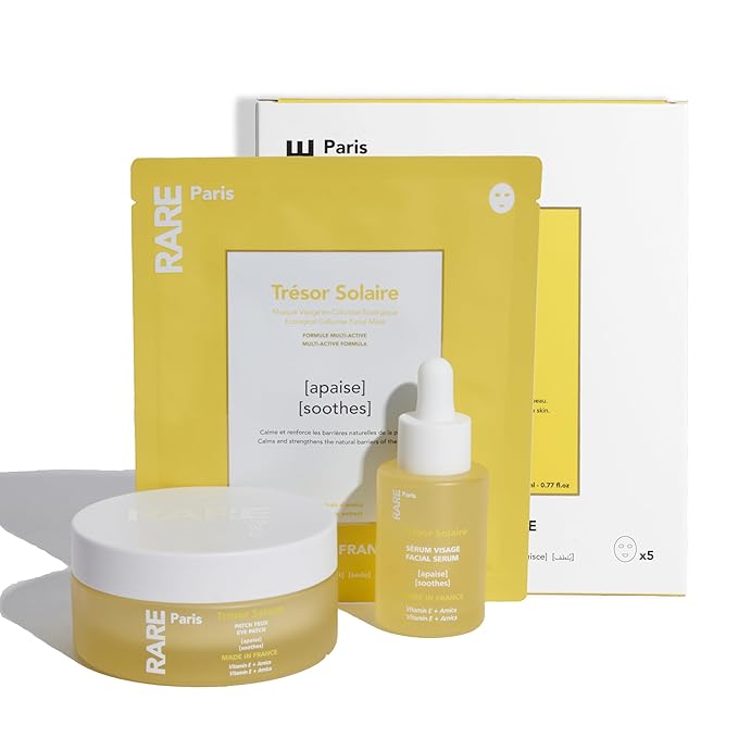 RARE Paris Trésor Solaire Soothing Kit — 5 Sheet Masks, 30 Pairs Under-Eye Patches & 1 Soothing Face Serum | 1-Month Comfort Routine
