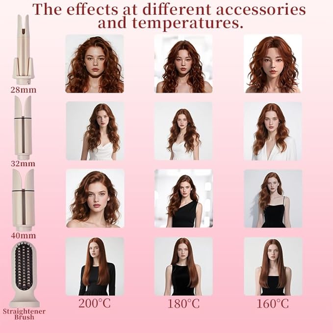 Automatic Curling Iron Set, Hair Curler & Straightening Comb, 4-in-1 Beach Wave Curling Wand with 3 Ceramic Barrel & 1 Hair Straightener Brush, 3 Temp, Timer, Negative Ions