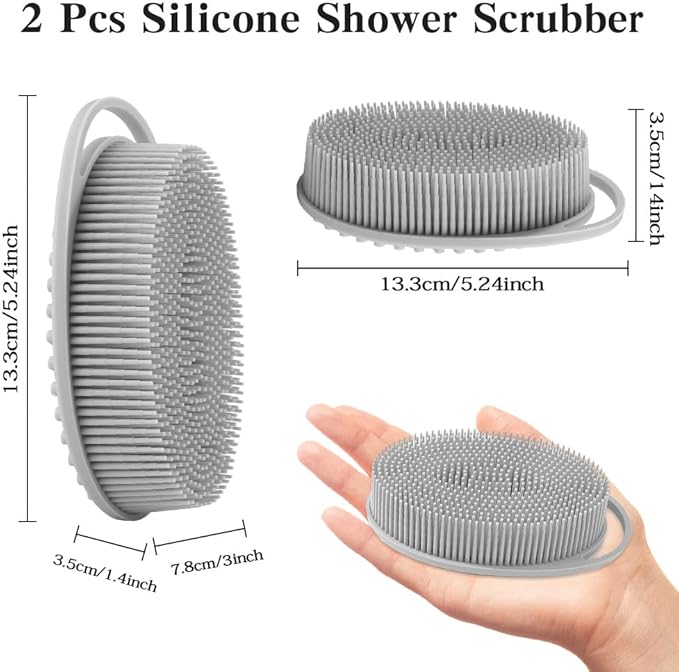 2 Pack Silicone Body Scrubber with Loofah Exfoliating Soft Body Shower Scrubber for Body, 2 in 1 Bath and Shampoo Wash Brush for Skin Exfoliation Men Women (Grey&Blue)