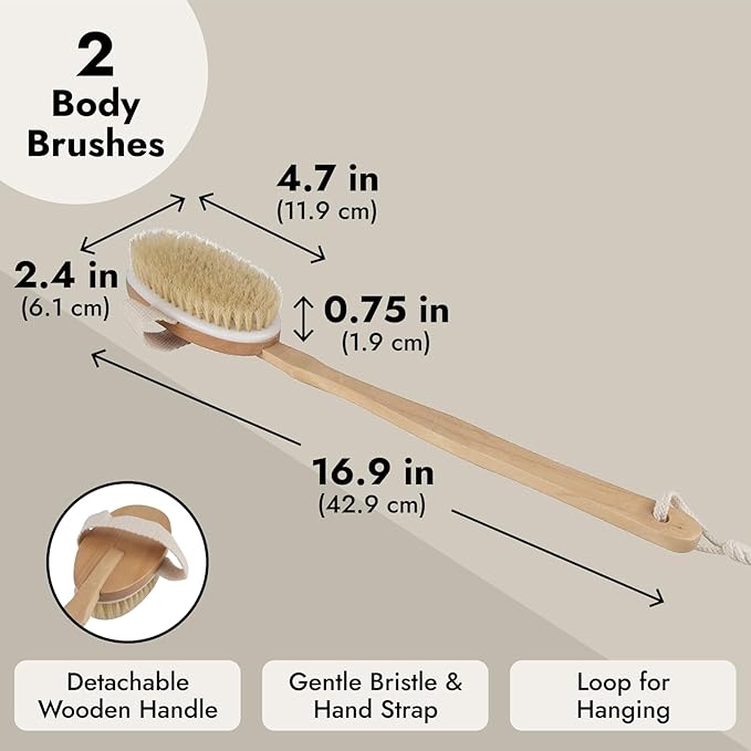Juvale Dry Brushing Body Brush - Versatile Dry & Shower Brush - Long-Handle Back Scrubber - Bath Scrubber with Removable Handle - Pack of 2, 16.9 in