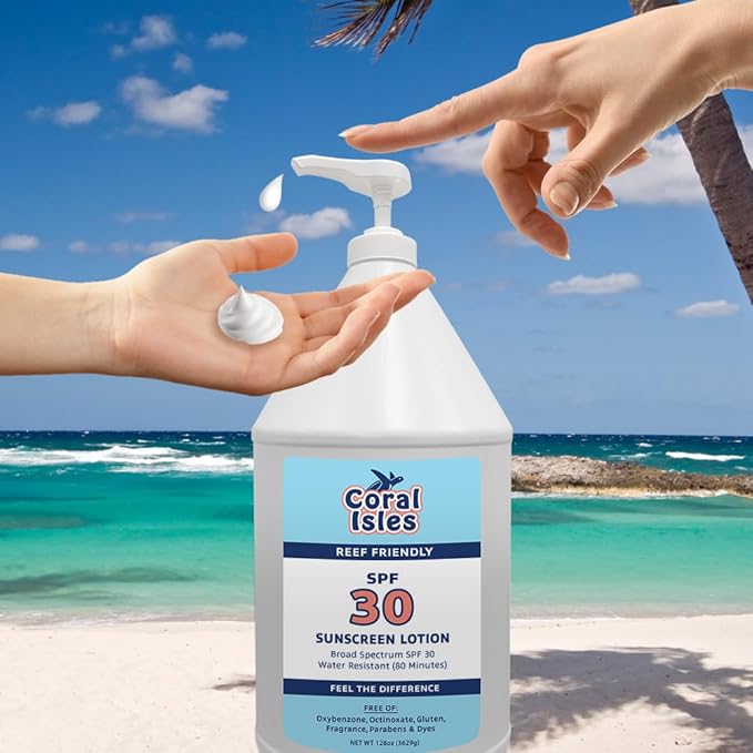 Coral Isles by Rocky Mountain Sunscreen | SPF 30 Lotion | Broad Spectrum UVA/UVB Protection | Hawaii Reef-Safe Act Compliant | Oxybenzone & Octinoxate Free | Water Resistant 80 Min. | 128 Fl Oz
