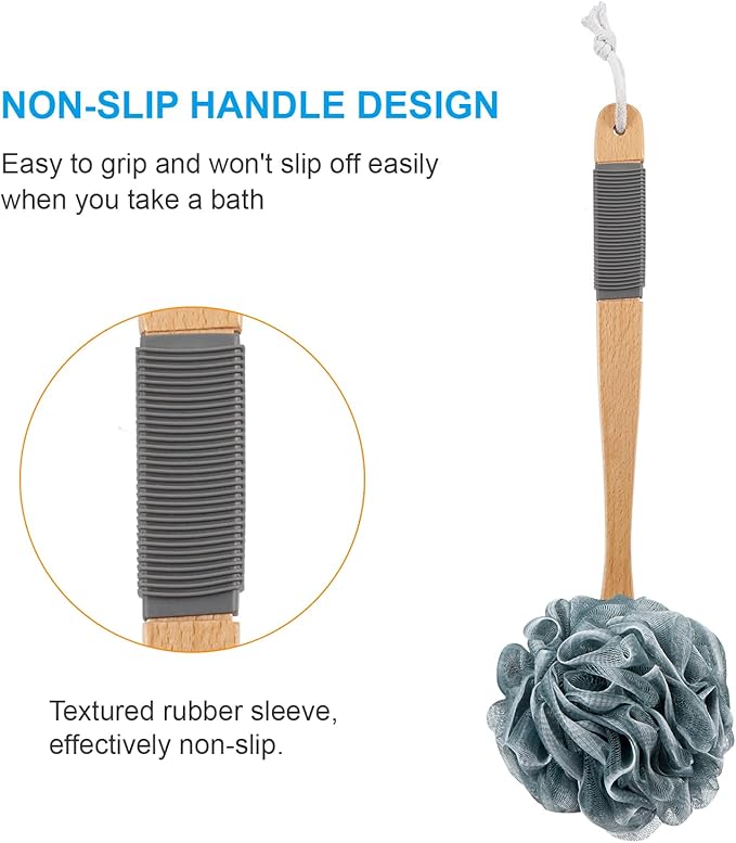 AmazerBath Shower Sponge Loofah Back Scrubber, PE Soft Mesh Loofah Body Scrubber with Long Wooden Handle, Bath Sponge for Men Women (Gray)