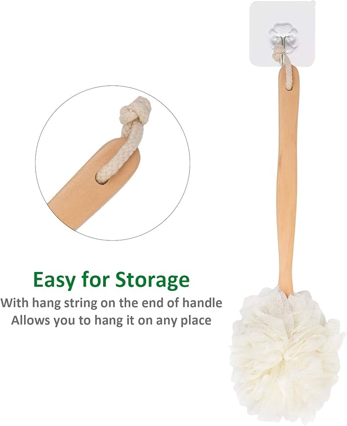 Loofah Back Scrubber for Shower, Wooden Long Handle Bath Sponge Lufa Shower Brush, Soft Nylon Mesh Back Cleaner Washer, Women & Men Exfoliating Luffa Pouf on a Stick for Body (White)