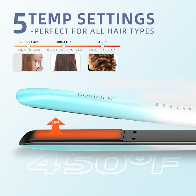 DORISILK Dual Voltage Flat Iron 1 Inch, Ceramic Hair Straightener and Curler 2 in 1, 450℉ Straightening Iron for Thin Thick Hair, Frizz-Free Smooth Tech 30s Fast Heat Gift for Women Girls, Blue White