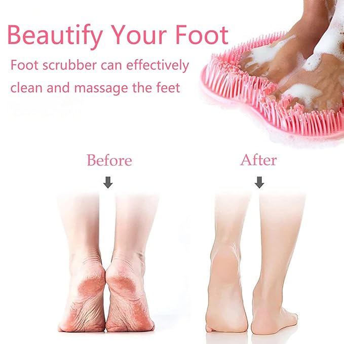 Shower Foot and Back Scrubber Mat,Wall Mounted Shower Foot Scrubber with Suction Cups,Exfoliating Silicone Massage Cleaner Mat(Pink)