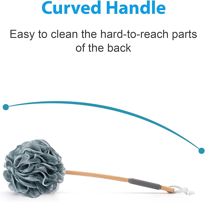 AmazerBath Shower Sponge Loofah Back Scrubber, PE Soft Mesh Loofah Body Scrubber with Long Wooden Handle, Bath Sponge for Men Women (Gray)