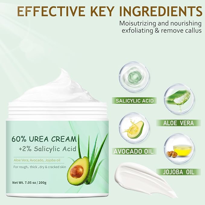 Urea Cream 60% plus 2% Salicylic Acid for Feet – Maximum Strength Foot Cream For Dry, Cracked Heels and Calluses. Deeply Exfoliates Dead skin & Moisturizes, Repairs Rough Feet – 6.35 oz