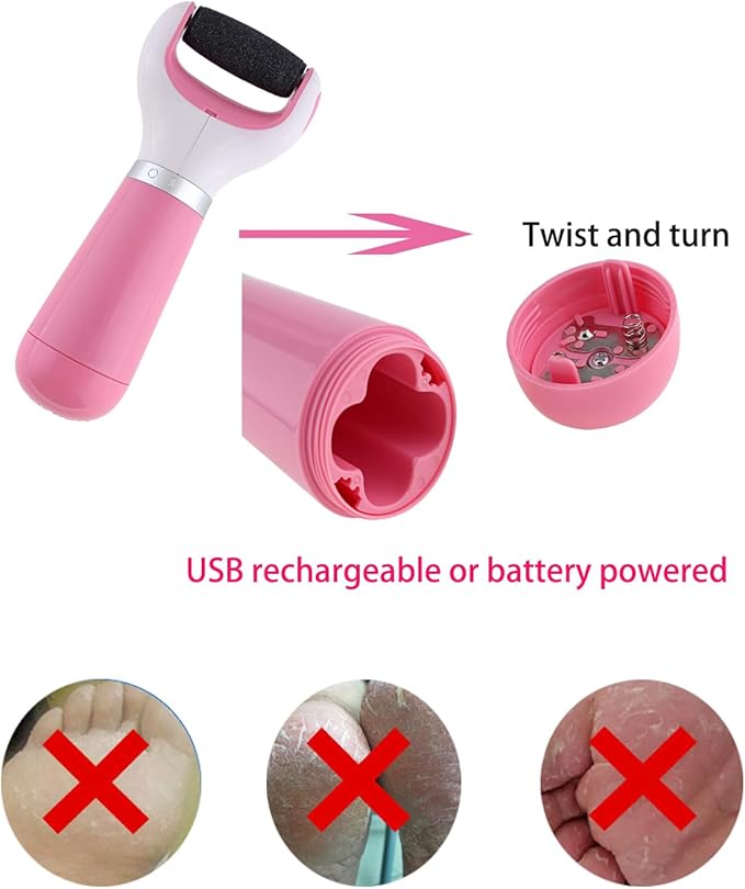 Electric Callus Remover for Feet Callus Remover Foot Callus Remover Tool Foot Buffer Electric Foot Calloused Feet Remover Tool Pedicure Supplies USB Charging and Battery Power＋1 Roller（Pink）