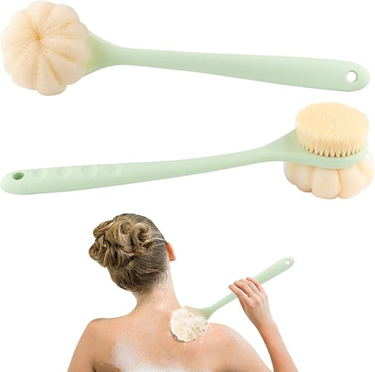 2 Pcs Body Shower Brush Long Handle Back Scrubber Brush with Bristles and Loofah Mesh Sponge for Skin Exfoliating Bath Wet Dry Massage Brushing - Green