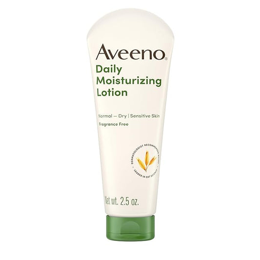 Aveeno Daily Moisturizing Body Lotion with Soothing Prebiotic Oat, Gentle Lotion Nourishes Dry Skin With Moisture, Paraben-, Dye- & Fragrance-Free, Non-Greasy & Non-Comedogenic, 2.5 fl. Oz