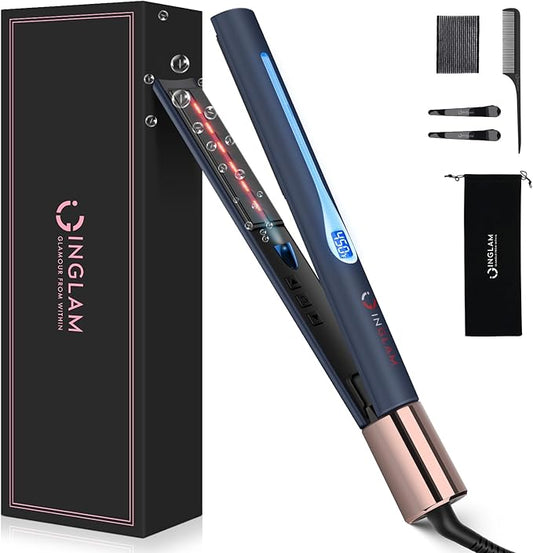 IG INGLAM Titanium Flat Iron Hair Straightener, 1 Inch Curling Iron, Infrared Negative Ionic Hair Straightener 11 Adjust Temp 250°F-450°F, Shiny Hair Dual Voltage 110-240V, Gift, Prussian Blue