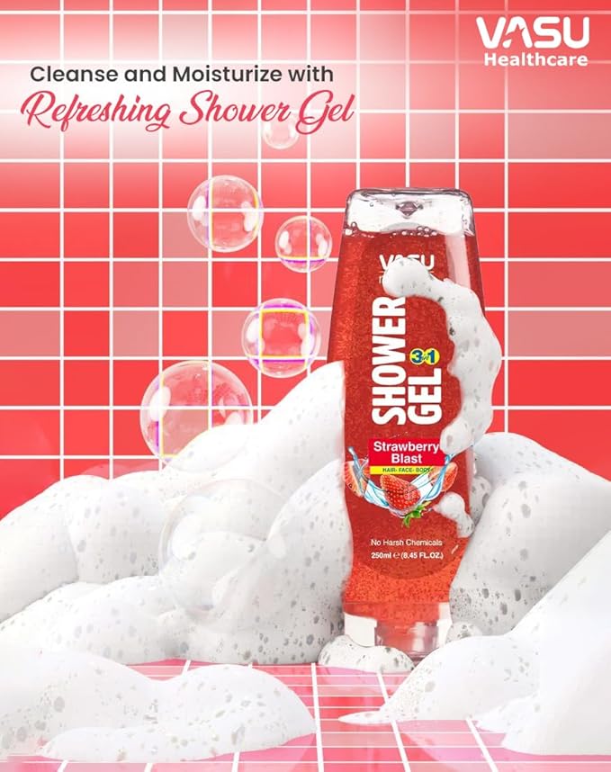 Vasu Naturals Shower Gel for Men & Women, Strawberry Body Wash, Pack of 2 (8.45 fl oz Each) – Gentle Daily Cleanser with Hydrating & Nourishing Formula, Refreshing Skin Care for All Skin Types