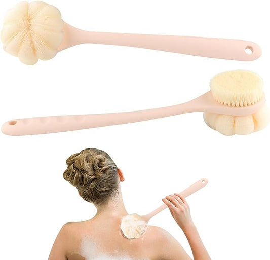 2 Pcs Body Shower Brush Long Handle Back Scrubber Brush with Bristles and Loofah Mesh Sponge for Skin Exfoliating Bath Wet Dry Massage Brushing - Pink