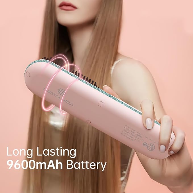 Cordless Hair Straightener Brush, Go Brush Pro, Portable Crystal Diamond Bling Mini Straightening Brush for Travel, Negative Ion Hot Comb with 9 Temps, Anti-Scald Ceramic, Fast Charging for Women