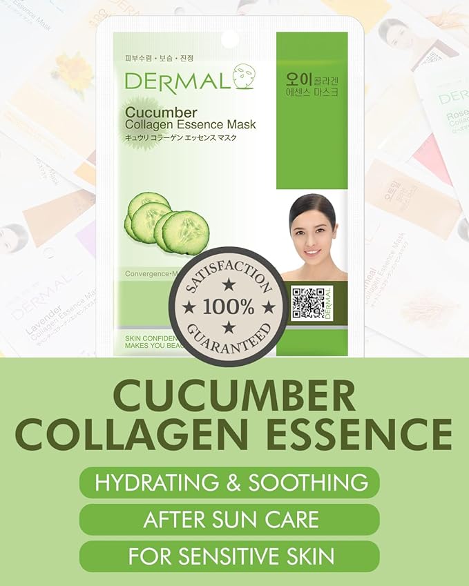 DERMAL Cucumber Collagen Essence Facial Mask Sheet 23g Pack of 100 - Soothing & Moisturizing, Redness & Sunburn Relief, Daily Skin Treatment Solution Sheet Mask