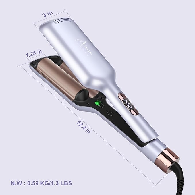 32mm Aima Beauty 2 Barrel Curling Wand Big Wave Mermaid Hair Waver, Anti-Scald Curling Iron, Negative Ionic Emitter Lock Moisture Worldwide Dual Voltage Medium/Long Hair (Purple)