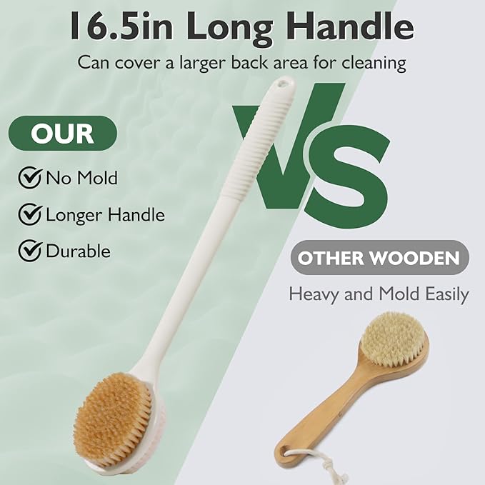 VANZAVANZU 17 Inch Anti-Slip Long Handle Back Scrubber for Shower – Dual-Sided Shower Brush and Shower Back Scrubber with Soft and Stiff Bristles for Wet or Dry Brushing (Cream White)