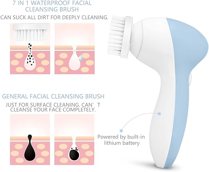 Rechargeable Facial Cleansing Spin Brush Set with 7 Exfoliating Brush Heads - Complete Face Spa System by CLSEVXY - Advanced Microdermabrasion for Gentle Exfoliation and Deep Scrubbing
