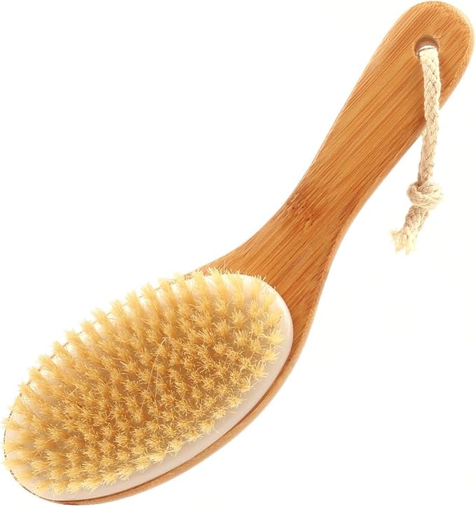 Curved Handle Dry Bath Body Brush Scrubber with Natural Bristles, 9.84 Inch Wood or Bamboo Handle Shower Brush for Detox, Exfoliating, Cellulite, etc. (White Horsehair Bamboo Handle)