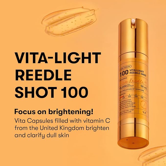 VT COSMETICS Vita-Light Reedle Shot 100 Serum with Vitamin C Capsules & Vitamin E Microneedling Formula, Korean Skin Booster, 1.69 fl oz(50ml)