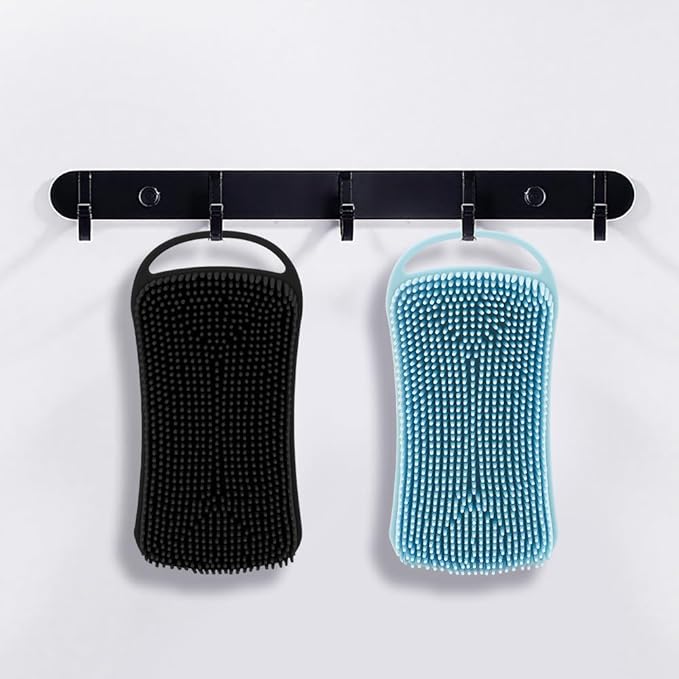 2 PCS Soft Silicone Body Scrubber, 2 in 1 Exfoliating Shower Bath Scrubber, Silicone Loofah Bath and Shampoo Brush Body Shower Use Shower Hair Scalp Massager, Easy to Clean, Lather Well (Black&Blue)