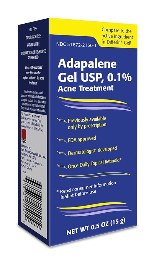 TARO Adapalene 0.1% USP Gel, Paraben Free, Retinoid Acne-Prone Facial Treatment for Sensitive Skin, Prescription Strenght (0.5)