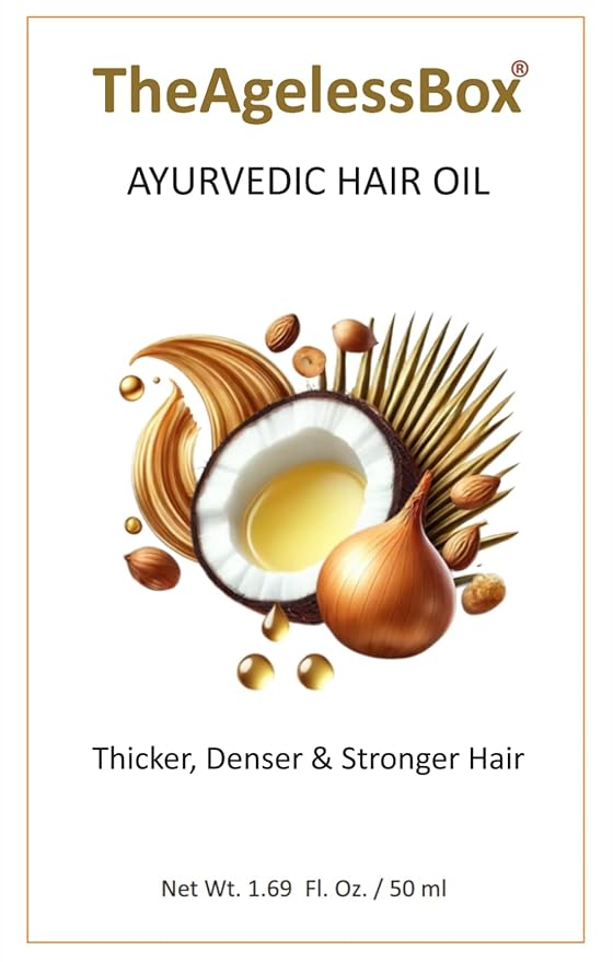 The Ageless Box Ayurvedic Hair Oil Serum – Reduces Hair Fall, Tames Frizz & Curls, Strengthens Roots & Supports Hair Growth – Amla, Argan, Bhringraj & Rosemary Blend – Vegan, Cruelty-Free – 50ml