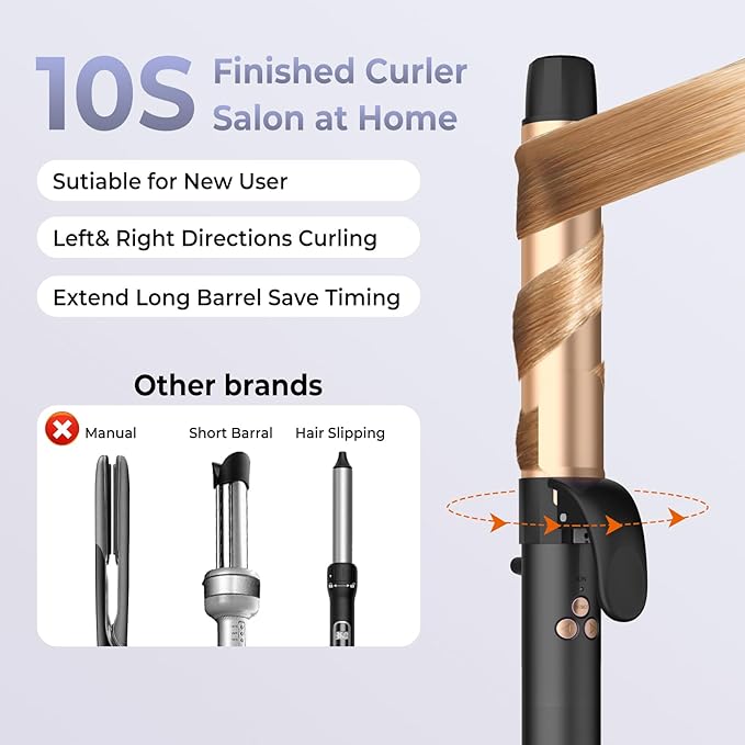 Rotating Curling Iron, 5 Temperature 1 1/4 in Automatic Curling Iron, Double Voltage 360° Rotating Auto Curling Wands, 1H Auto-Off & 30s Fast Heat Self Curler Travel Hair Styling Tools