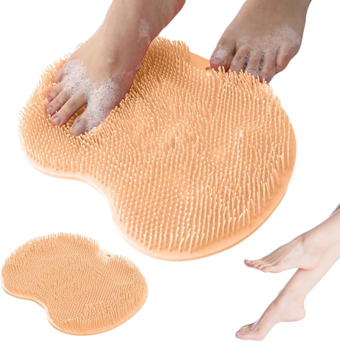Shower Foot Scrubber Mat with Non-Slip Suction Cups, Non Slip Bathtub and Shower Mat with Suction Cups and Drain Holes, Foot Back Cleaning Pad Back Washer Exfoliating Bath Wash Pad (Orange)