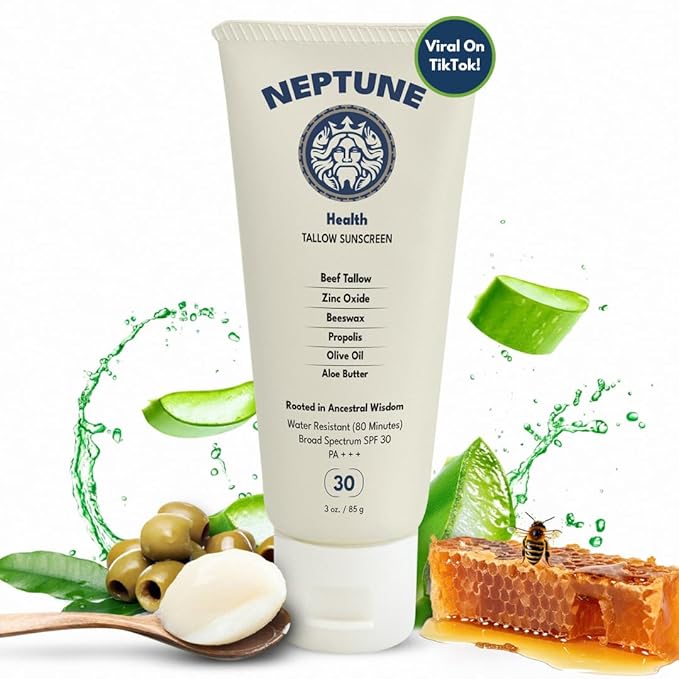 Neptune Non-Toxic Sunscreen - Grass Fed Beef Tallow, Zinc Oxide Mineral Based Sunscreen with Propolis for Skin Healing and Moisturization