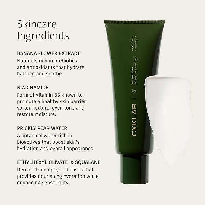CYKLAR Nutrient Rich Body Cream. Bergamot Bond Nourishing Moisturizer with Niacinamide and Banana Flower Extract. Deep Hydration, Thick Body Lotion, Dry Skin Cream for Women and Men, 8 Fl Oz