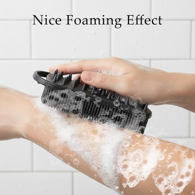 2 PCS Soft Silicone Body Scrubber, 2 in 1 Exfoliating Shower Bath Scrubber, Silicone Loofah Bath and Shampoo Brush Body Shower Use Shower Hair Scalp Massager, Easy to Clean, Lather Well (Grey & Black)