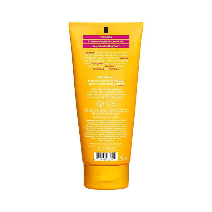 Derma E Vitamin C Foaming Oil Cleanser, 6 Fl Oz, 2-in-1 Oil-to-Foam Face Wash, Makeup Remover, Stabilized Vitamin C & Niacinamide to Help Brighten, Nourish & Strengthen Skin Barrier, Gentle Skin Care