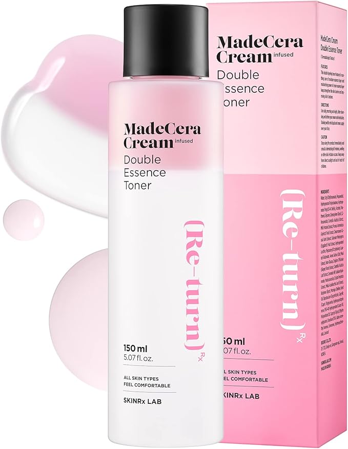 SKINRxLAB MadeCera Cream Double Essence Korean Toner 150ml (5.07fl.oz.) - Hydrating and Soothing with Milk Protein, Ceramide, Beta-Glucan - Moisturizing Strawberry Milky Toner for Irritated Skin