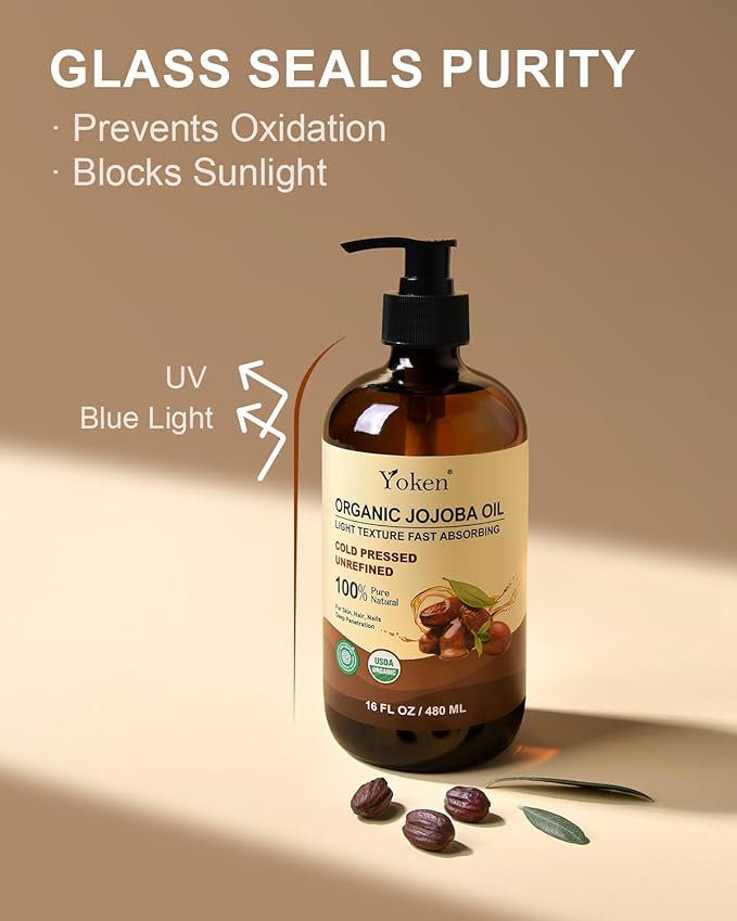 Organic Jojoba Oil Glass Bottle 16 fl oz, USDA Certified 100 Pure & Natural Jojoba Oil for Hair, Skin & Face, Cold Pressed Unrefined Hexane Free, Deeply Moisturizing Body Serum for Gua Sha