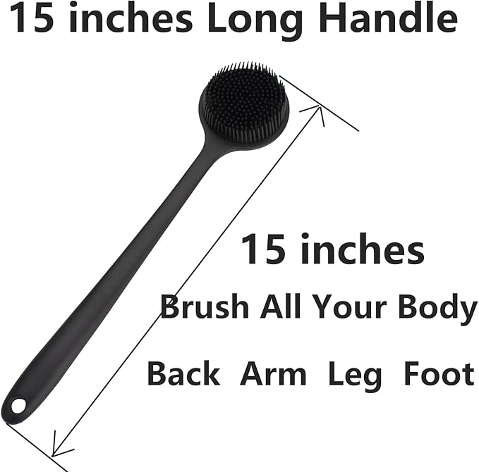 Back Scrubber for Shower, Soft Silicone Back Shower Brush Bath Body Scrubber with Long Handle for Men Women (Black)
