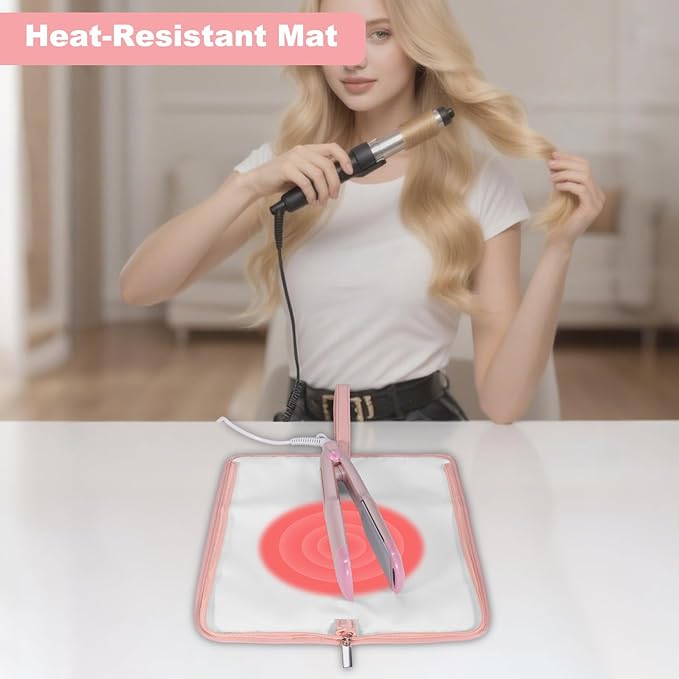 SITHON Hot Iron Holder & Mat, Heat Resistant Hair Tools Travel Bag Portable Hot Tools Organizer Cover Pouch for Curling Irons, Flat Irons, Hair Straightener and Styling Tools (Bag Only) (Pink)