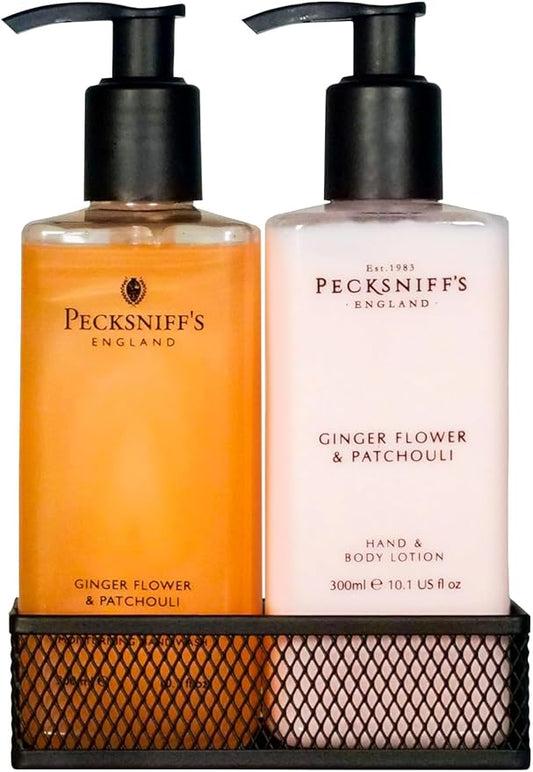 Pecksniffs Luxury Bath Gift Set, Ginger Flower and Patchouli Moisturizing Hand Soap and Body Lotion Set with Caddy, 10.1 Fl Oz
