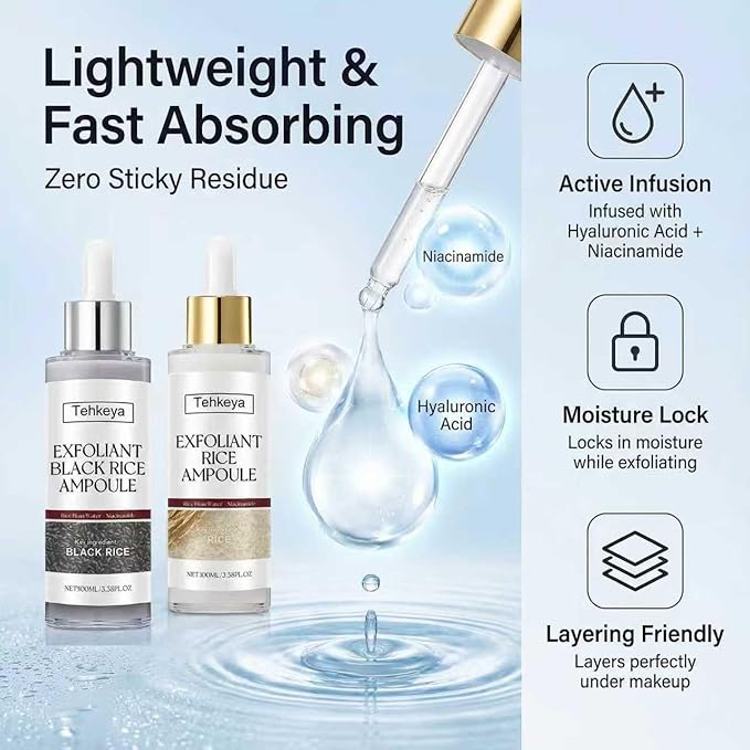 Black and White Rice Exfoliation Essence & Rice Peel Shot, 2 PCS White & Black Rice Facial Serum for Dead Skin Removal, Deep Cleansing & Pore Minimizing, Suitable for All Skin Types