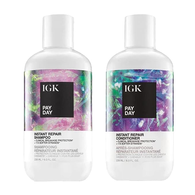 IGK Pay Day Instant Repair Shampoo and Conditioner Set | Bond-Building + Damage Repair | Vegan + Cruelty Free