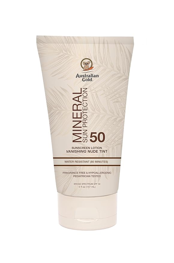 Australian Gold SPF 50 Mineral Sunscreen, 5 fl oz, Broad Spectrum Tinted Sunscreen, Gentle Protection for Every Shade, Vanishing Nude Tint, Blue Light Protection, Zinc Oxide 4% & Titanium Dioxide 4%