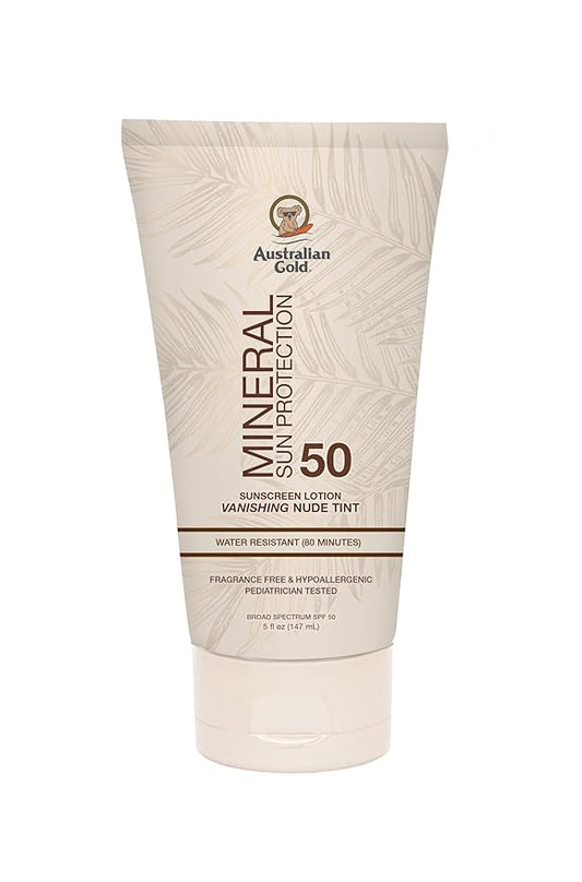 Australian Gold SPF 50 Mineral Sunscreen, 5 fl oz, Broad Spectrum Tinted Sunscreen, Gentle Protection for Every Shade, Vanishing Nude Tint, Blue Light Protection, Zinc Oxide 4% & Titanium Dioxide 4%