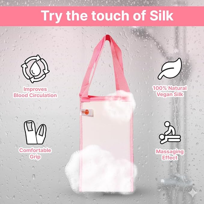 Silk Exfoliating Back Scrubber For Shower – 29.5” Double Handle Body Scrubber – Premium Spa Quality Bath Exfoliator for Men & Women, Easy to Use & Quick-Dry