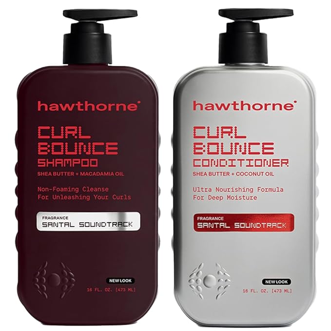 Hawthorne Curl Bounce Men's Curly Hair Shampoo and Conditioner Set. Sulfate Free Shampoo and Conditioner with Shea Butter and Macadamia Oil For Healthy, Hydrated Hair. Sandalwood Scent. 16 oz. each.
