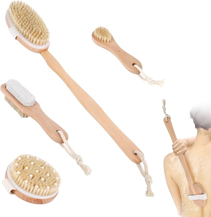 Dry Brush Set-4 Packs Natural Boar Bristle Dry Brushing Body Brush Exfoliating Face, Foot, Bath Brush for Face and Body for Cellulite Lymphatic Drainage(Set A)